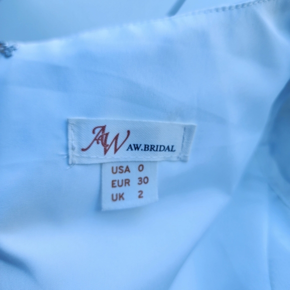 NWOT AW BRIDAL Dusty Blue White Peonies Satin Floral Mermaid Puff Sleeve Sz 0 - Picture 12 of 16